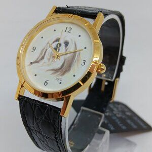 Shih Tzu 33mm Women's Gold Tone Black Leather Band Dog Watch